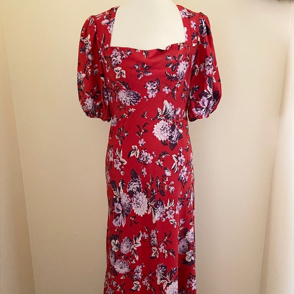 Anthropologie Maeve Red Floral Puff Sleeve Prairie Dress - Picture 4 of 13